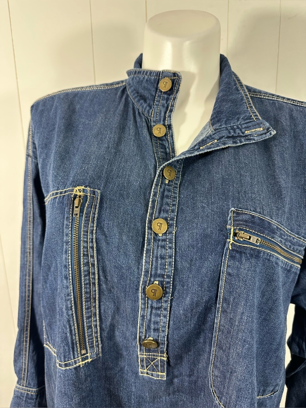 Pilcro Sz L Petite Women’s Tunic Shirt Top Blue Denim Cotton Button Half Placket - Picture 3 of 15